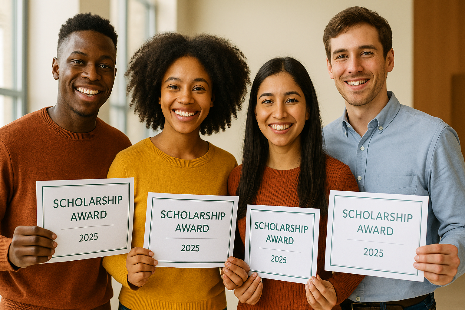 NOUN students holding scholarship award certificates after a 2025 presentation